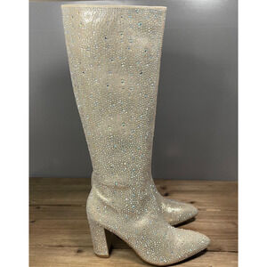 Top Moda Women's Mariha Knee High Boots Size 7 Silver Rhinestone Iridescent Zip